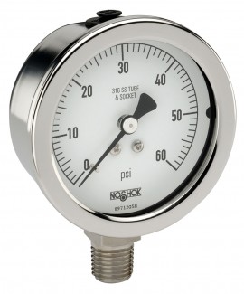 NOSHOK 25-500-30-vac Dial-Indicating Liquid Filled Pressure Gauge, -30&amp;quot;HG to 0 V AC, 2.5&amp;quot;, &amp;frac14; NPT male bottom, SS housing-
