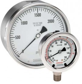 NOSHOK 25-510-1000-psi/bar Pressure Gauge, Glycerin Filled, 1/4" NPT Back Connection, SS Case, 0 to 1000 psi-