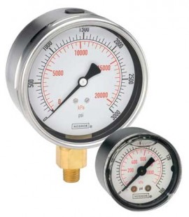 NOSHOK 25-901-100-psi/kPa Pressure Gauge, SS Case Filled, 1/4&quot; NPT Bottom Connection, SS Case, 100 psi, Dual Scale-