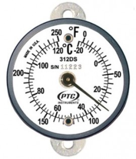 PTC Instruments 312DST1 Dual-Scale Tab Mount Thermometer, 0 to 250&amp;deg;F/-20 to 120&amp;deg;C-