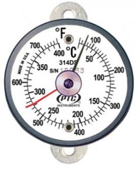 PTC Instruments 314DST1L Dual-Scale Tab Thermometer with ancillary hand, 50 to 750&amp;deg;F/10 to 400&amp;deg;C-