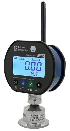 Ralston Field Gauge LC20 Digital Sanitary Pressure Gauge with Bluetooth, 15 psi, bottom connection-
