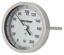 REOTEMP AA Back Connect Bimetal Thermometer, 3&amp;quot; dial, 0 to 200&amp;deg;F/-10 to 90&amp;deg;C-