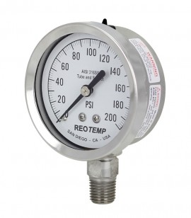 REOTEMP PR25 Heavy Duty Repairable Stainless Gauge with Plastic Lens, 2.5&amp;quot; dial, 0 to 160 psi/0 to 11 bar-