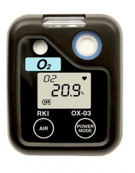 RKI OX-03 Series Gas Monitor with alligator clip and calibration cup, 0 to 40% O<sub>2</sub>-