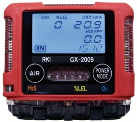 RKI GX-2009 Series Multi-Gas Detector with alligator clip and 115/220 V AC charger, LEL/O<sub>2</sub>/H<sub>2</sub>S-