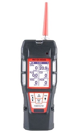 RKI GX-6000 PID Multi-Gas Detector W/ LEL/Oxy/H2S/CO/VOC(0-6K ppm 10.6 eV)/IR HC autoranging,w/Li-ion PK/100-240 VAC chgr-