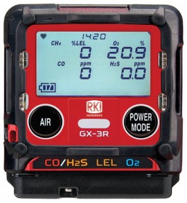 RKI GX-3R Multi-Gas Detector with a 100 to 240 V AC charger, LEL/O<sub>2</sub>/CO-