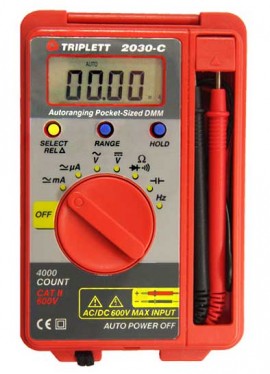 Triplett 2030-C Pocket-Sized Autoranging Digital Multimeter, 600 VAC/VDC, 400 mA AC/DC-