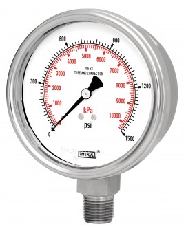 WIKA 233.54 Pressure Gauge, 0/1000 psi/kpa, 4&amp;quot; dial, &amp;frac12;&amp;quot; NPT lower mount, SS housing-