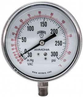 Winters PAM1818 Ammonia Gauge, 3.5&amp;quot; Dial, 30&amp;quot;/0/300 PSI/F, 1/4&amp;quot; NPT Bottom-