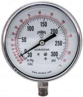 Winters PAM1818 Ammonia Gauge, 3.5" Dial, 30"/0/300 PSI/F, 1/4" NPT Bottom-