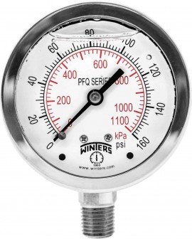 Winters PFQ122 Liquid Filled Stainless Steel Gauge, 2.5&amp;quot; Dial, 0-160 PSI/KPA, 1/4&amp;quot; NPT Bottom-