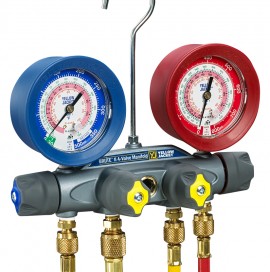 Yellow Jacket 46015 BRUTE II &amp;reg; A2L Manifold 3-1/8&amp;quot; Gauges, PLUS II &amp;trade; 1/4&amp;quot; Hoses 60&amp;quot; 3-Pak RYB, Compact Ball Valve, PLUS II &amp;trade; 3/8&amp;quot; Vacuum/Charging Hose 60&amp;quot; Y, R-32/454B/410A PSI &amp;deg;F-